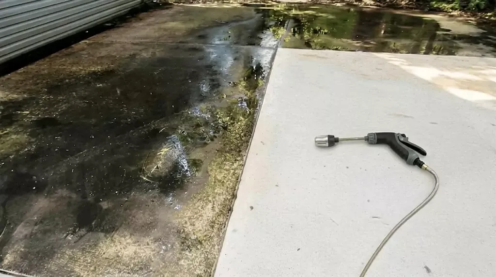 Power Blast Plus test on a narrow concrete strip with years of algae buildup — clear cleaned line through the dirty area