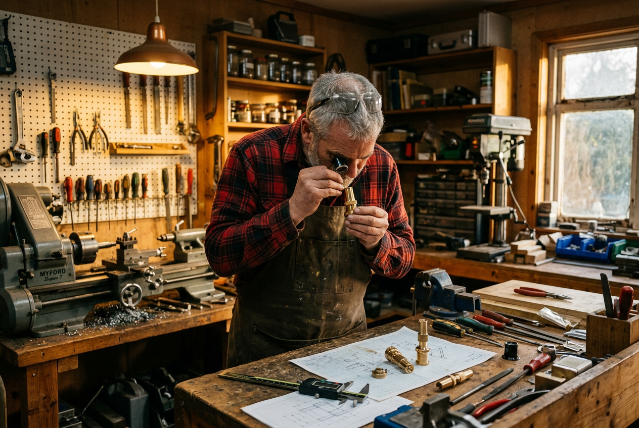 Tool-and-die machinist Dave Walker in his Pennsylvania workshop, developing the Power Blast Plus nozzle