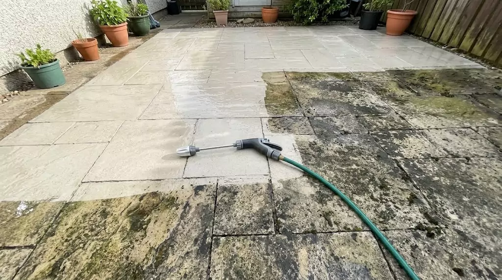 Power Blast Plus cleaning a stone patio — half clean, half covered in moss and mildew